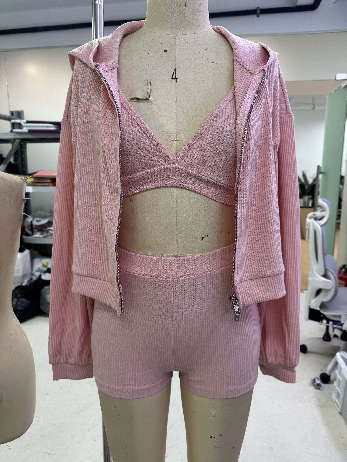 Solid Color Knitted Zipper Hooded Triangle Suits