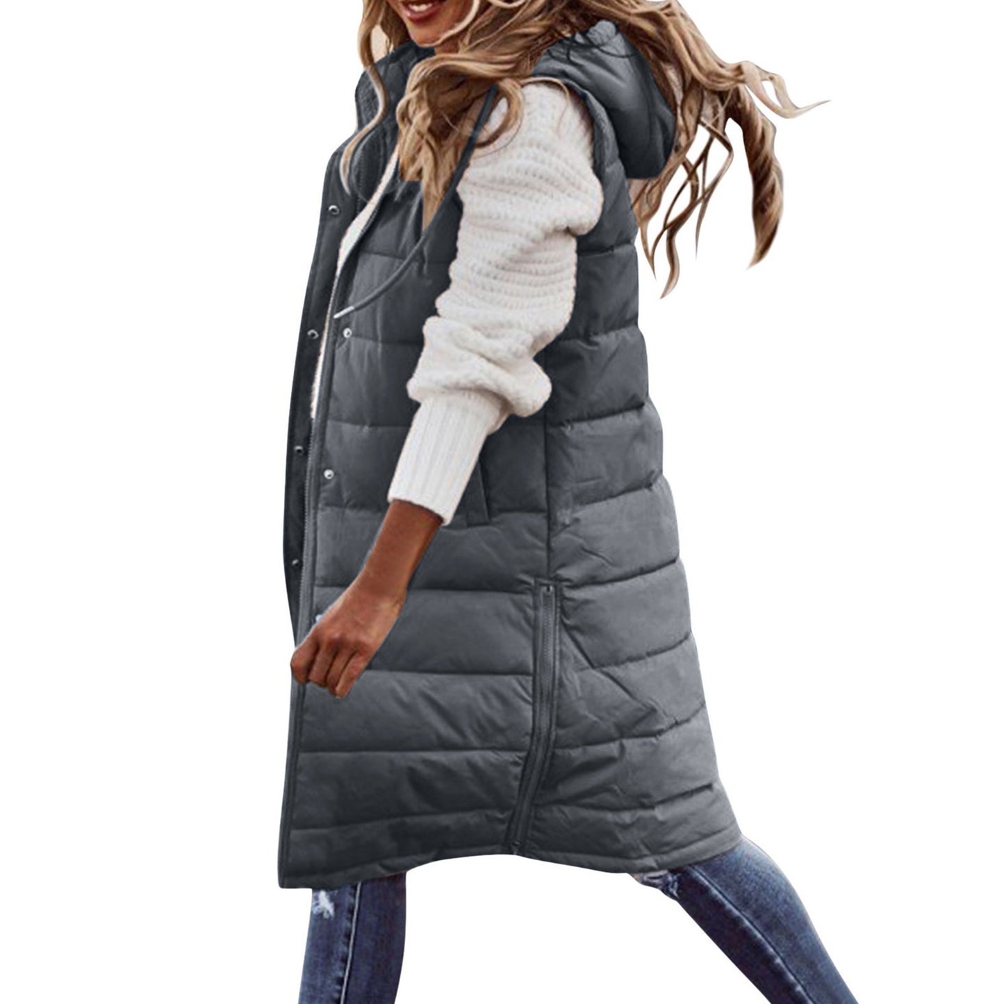 Hooded Single-breasted Mid-length Cotton Slim Fit Vests