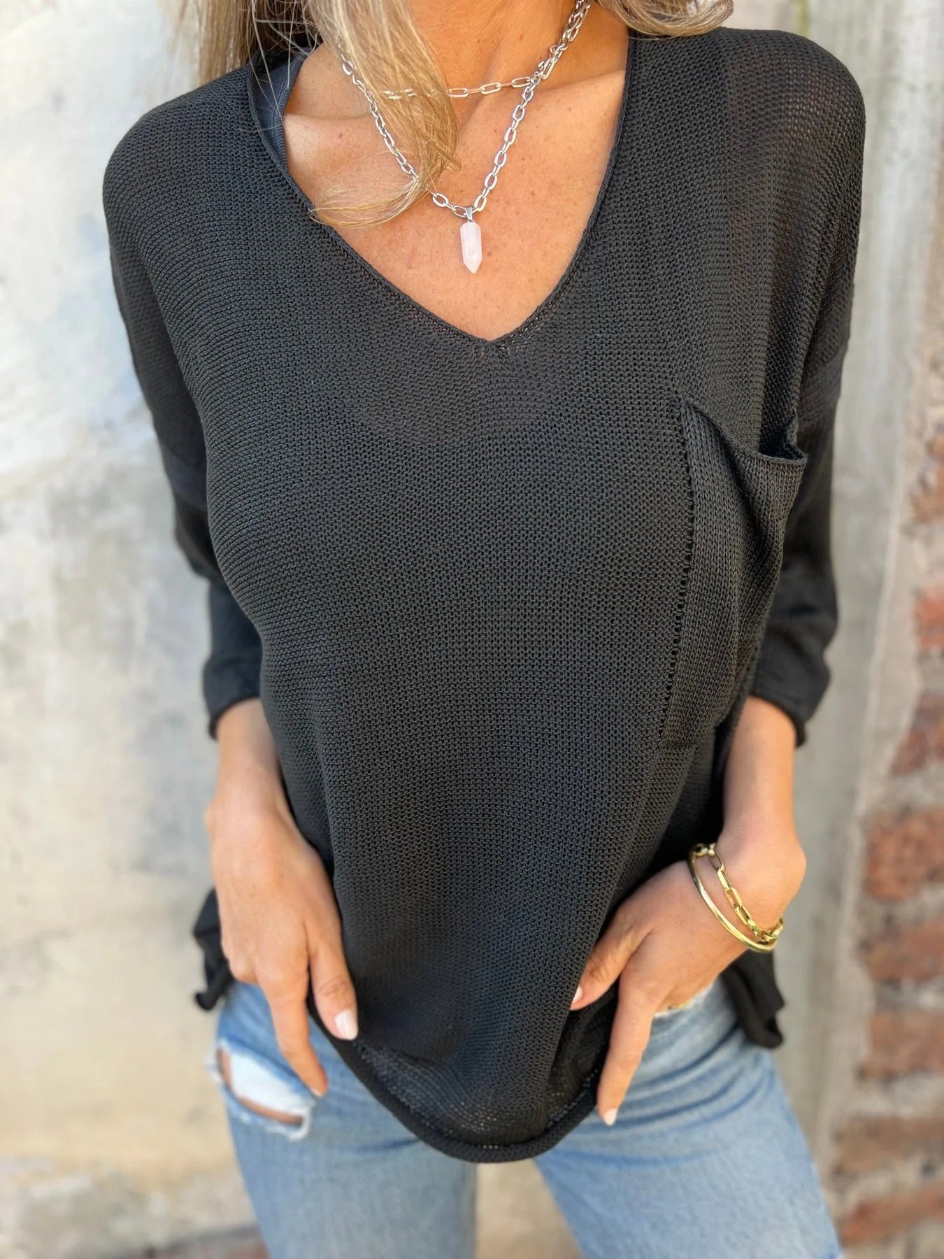 Pretty Long Sleeve Pocket Casual Knitted Knitwear