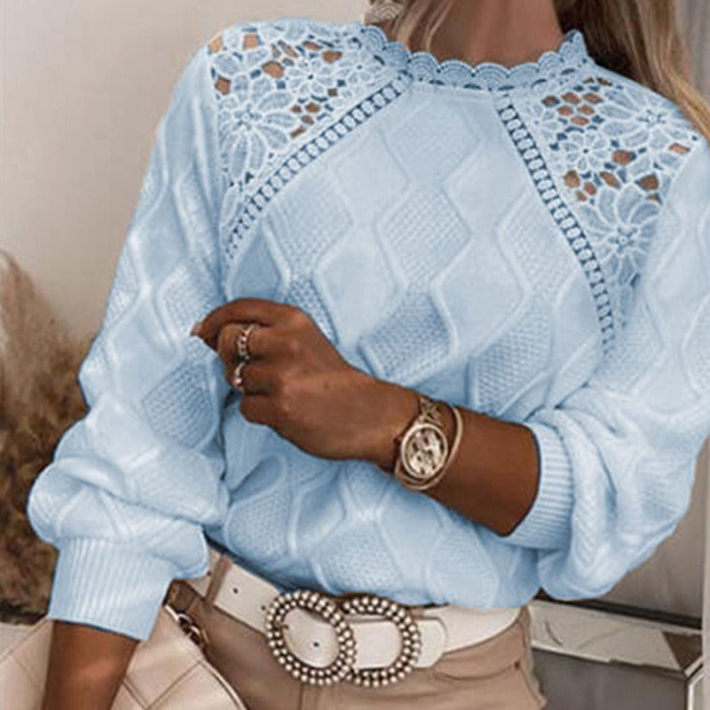 Women's Lace Shoulder Elegant Slim Knitted Pullover Knitwear