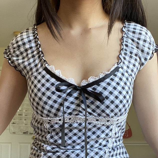 Fashionable Plaid Lace Ribbon Knitted Bow Slim Blouses