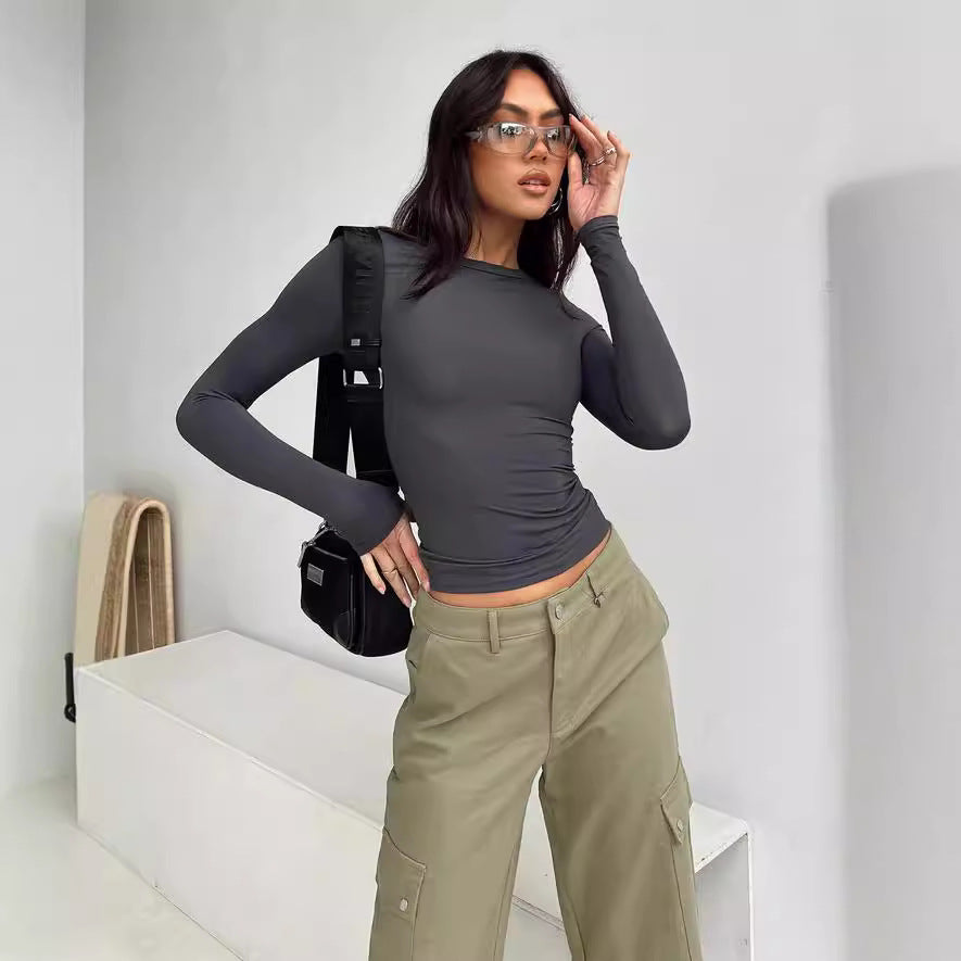 Women's Irregular Slim Fit Bottoming T-shirt Round Neck Blouses