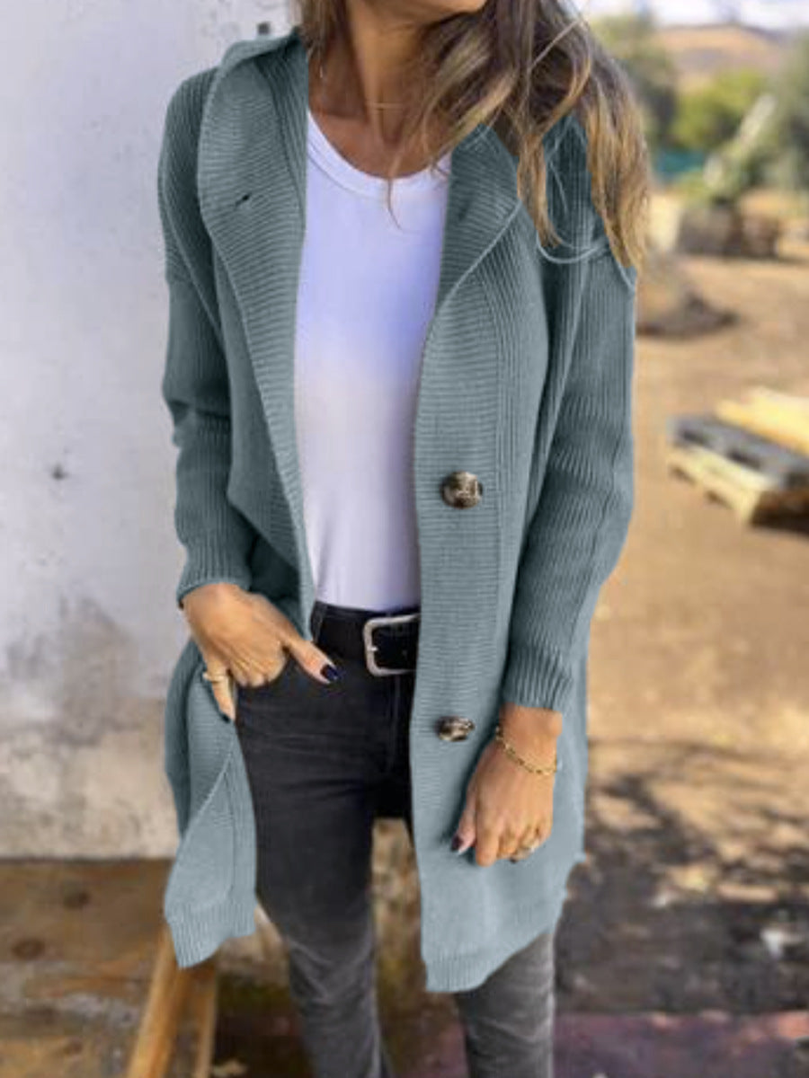 Women's Long Hooded Knitted With Pocket Buttons Sweaters