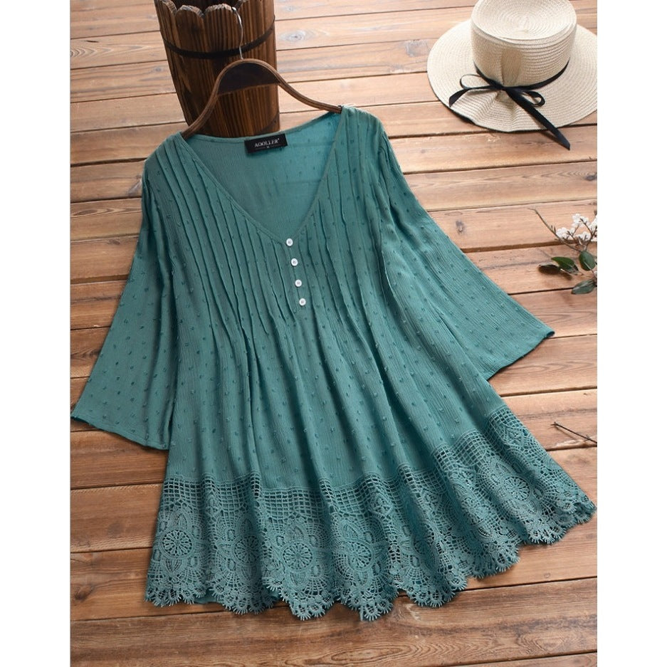 Women's Summer Jacquard Pleated Lace Hollow Out Blouses