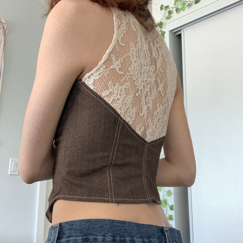 Women's Breasted Lace Stitching Sexy Low-cut Scoop Vests