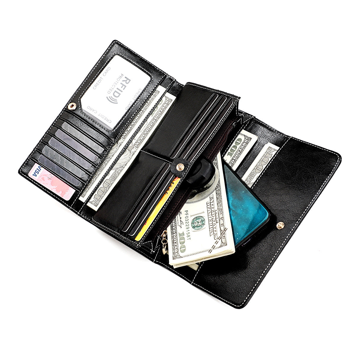 Women's Leather Long Cowhide Large Capacity Multiple Ladies Wallets