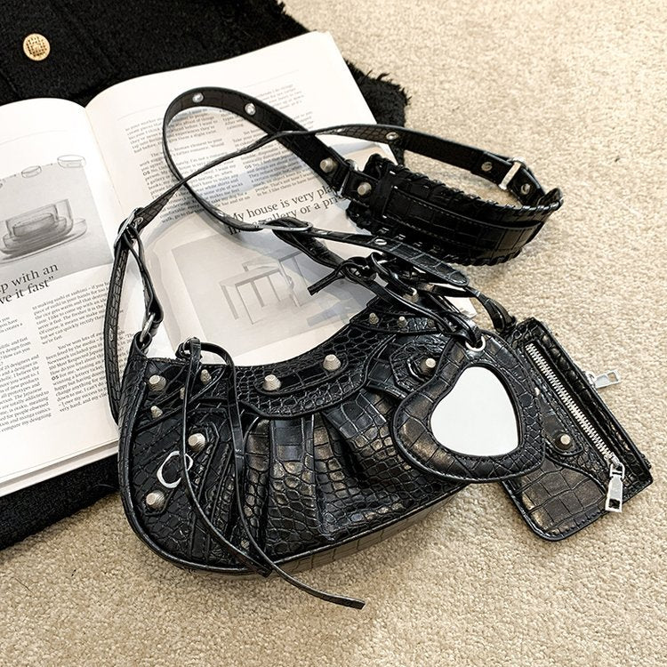 Women's Underarm Retro Rivet Motorcycle Pleated Crescent Crossbody Bags