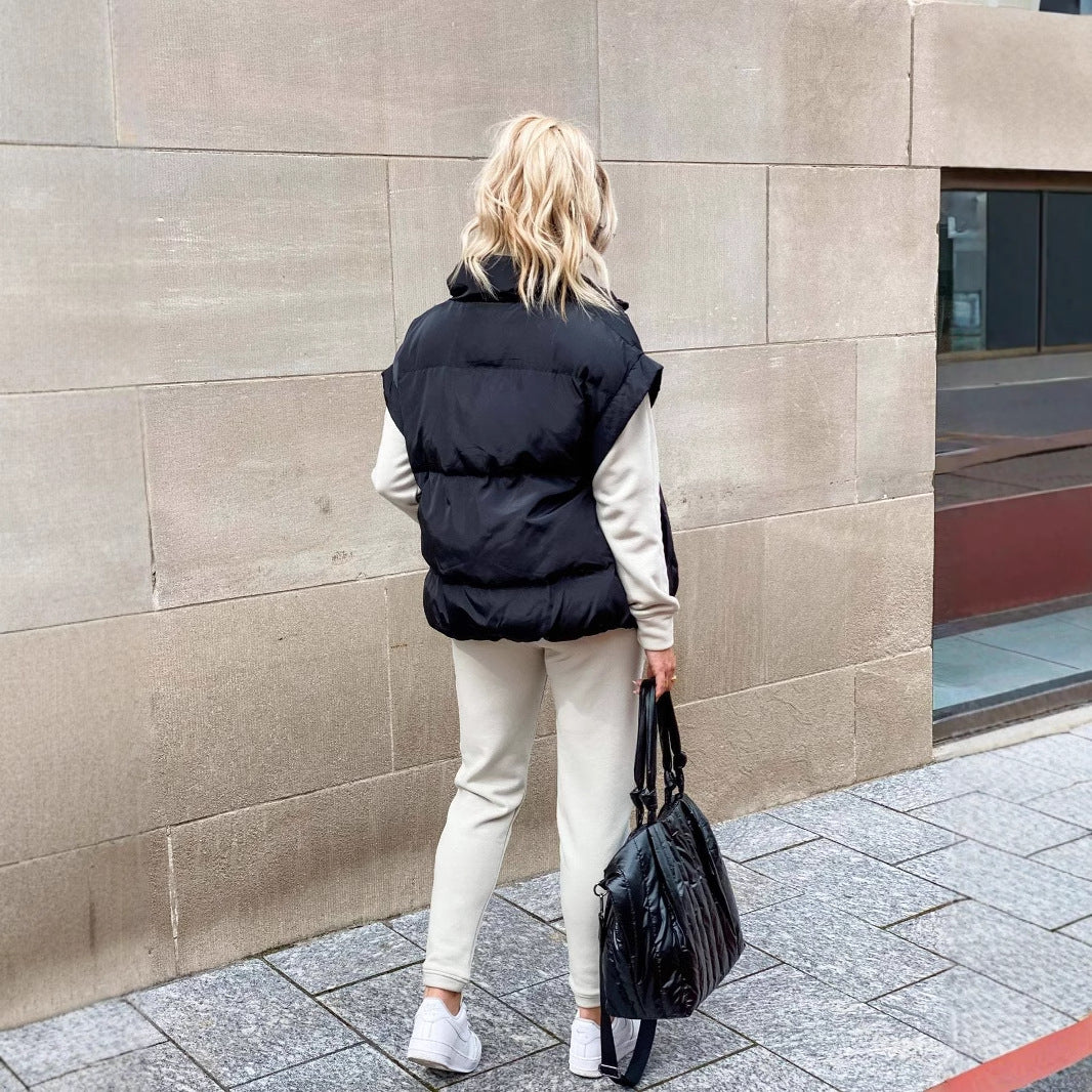 Women's Solid Color Zipper Pocket Stand-up Collar Vests