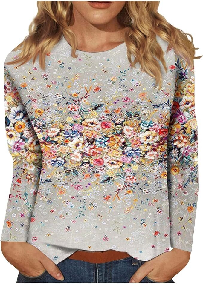 Women's Round Neck Long Sleeve Loose Print Blouses