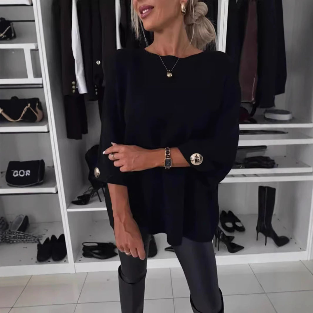 Women's Color Round Neck Shirt With Half Knitwear
