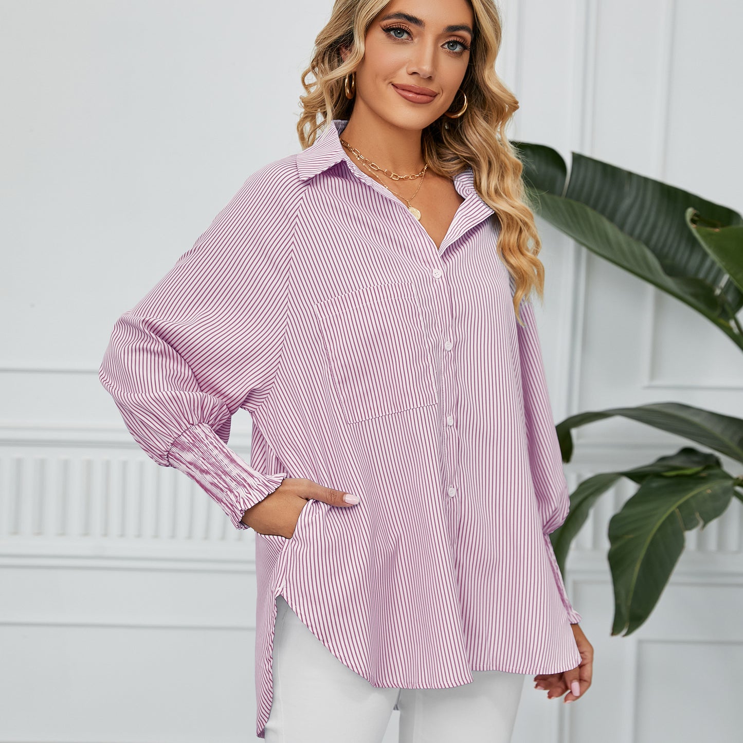 Women's Trade Cuff Pleating Loose Striped Shirt Blouses