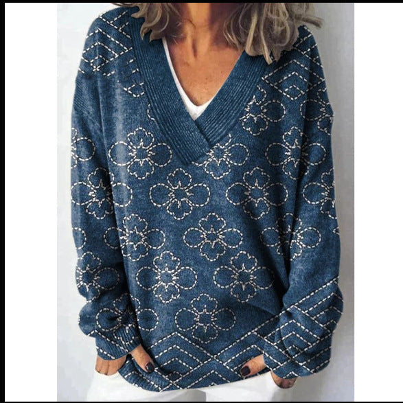 Women's Printed Christmas Round Neck Pullover Sleeve Sweaters
