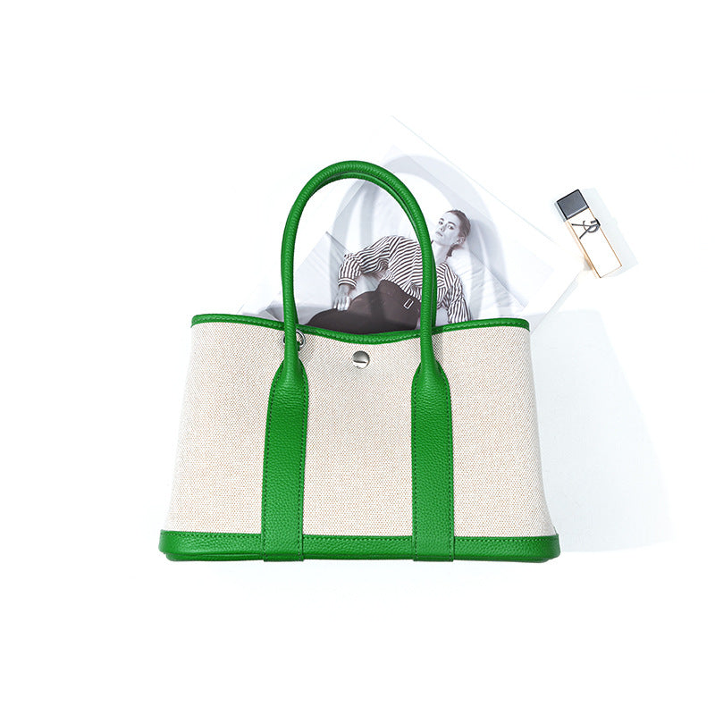 Women's Layer Cowhide Large Capacity Canvas Contrast Color Handbags