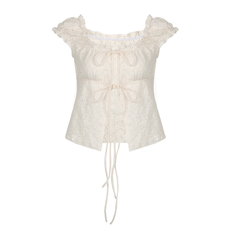 Out Strap Square Collar Puff Sleeve Blouses
