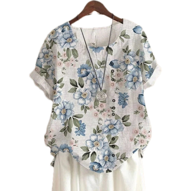 Women's Summer Retro Cotton Linen Fashion Printed Loose Blouses