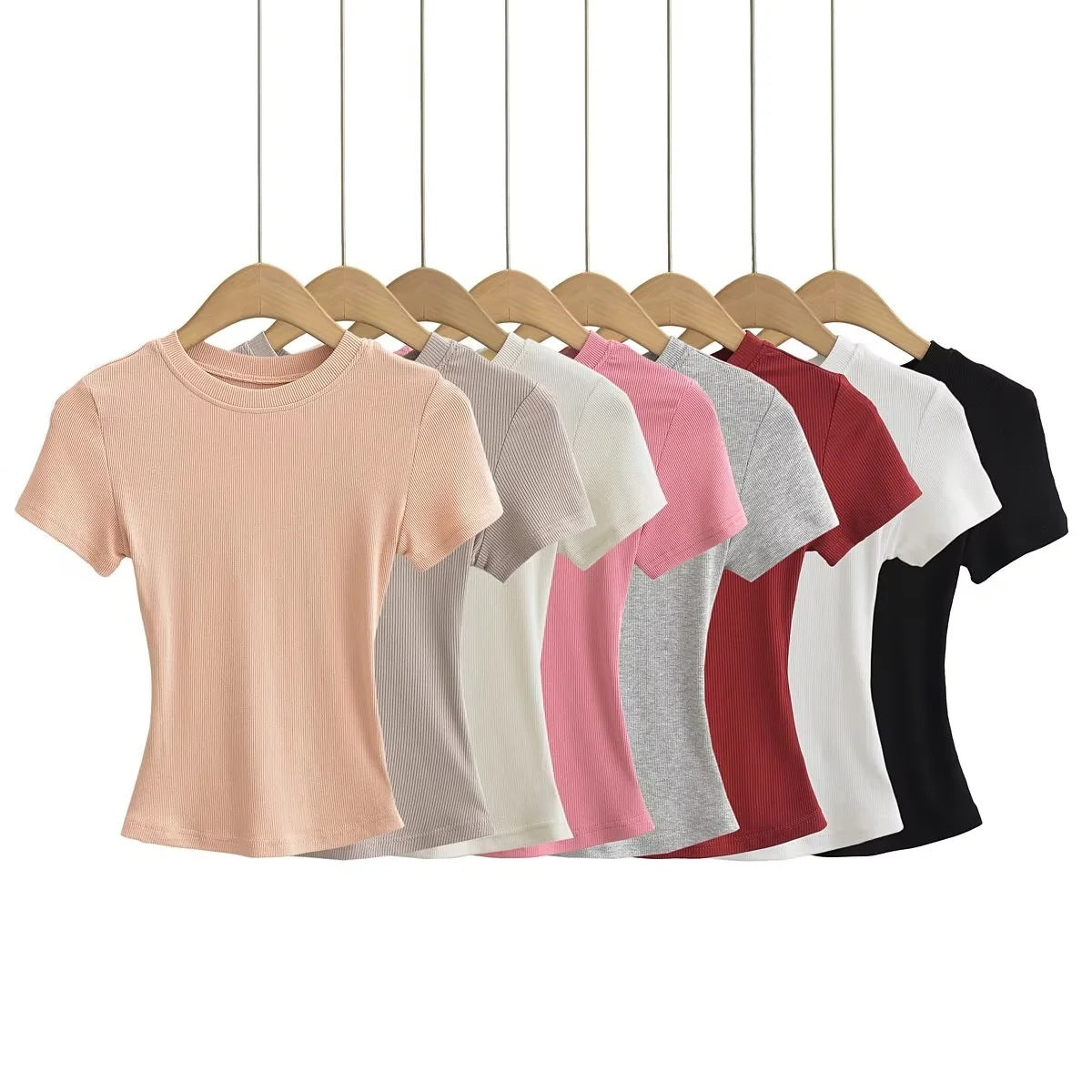 Women's Stretch Round Neck Thread T-shirt Summer High Waist Tight Blouses