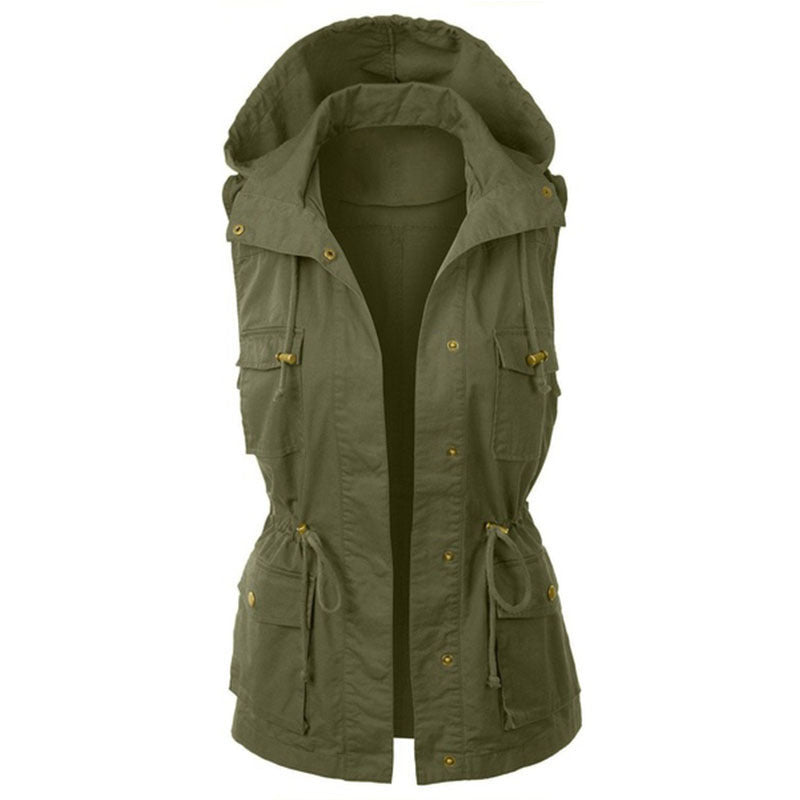 Women's Solid Color Work Hooded Drawstring Sleeveless Vests
