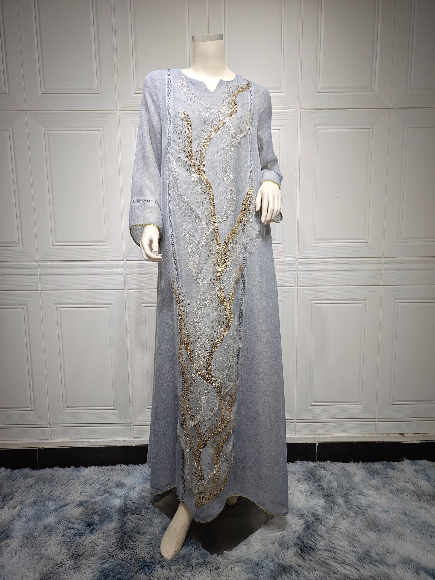 Mesh Sequin Embroider Muslim Dress Saudi Clothing