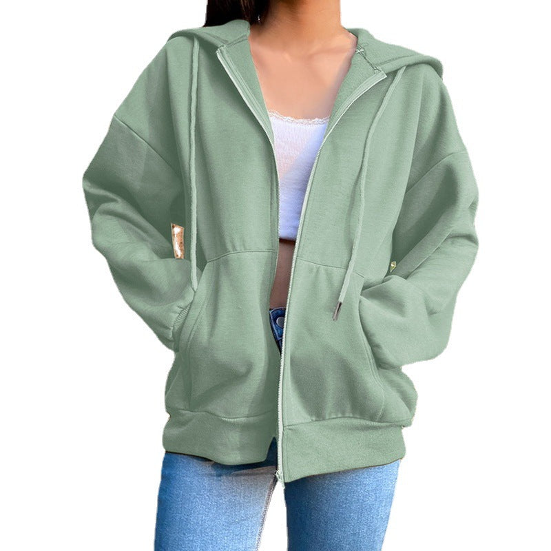 Women's Solid Color Hooded Fleece-lined Long-sleeved Loose Sweaters
