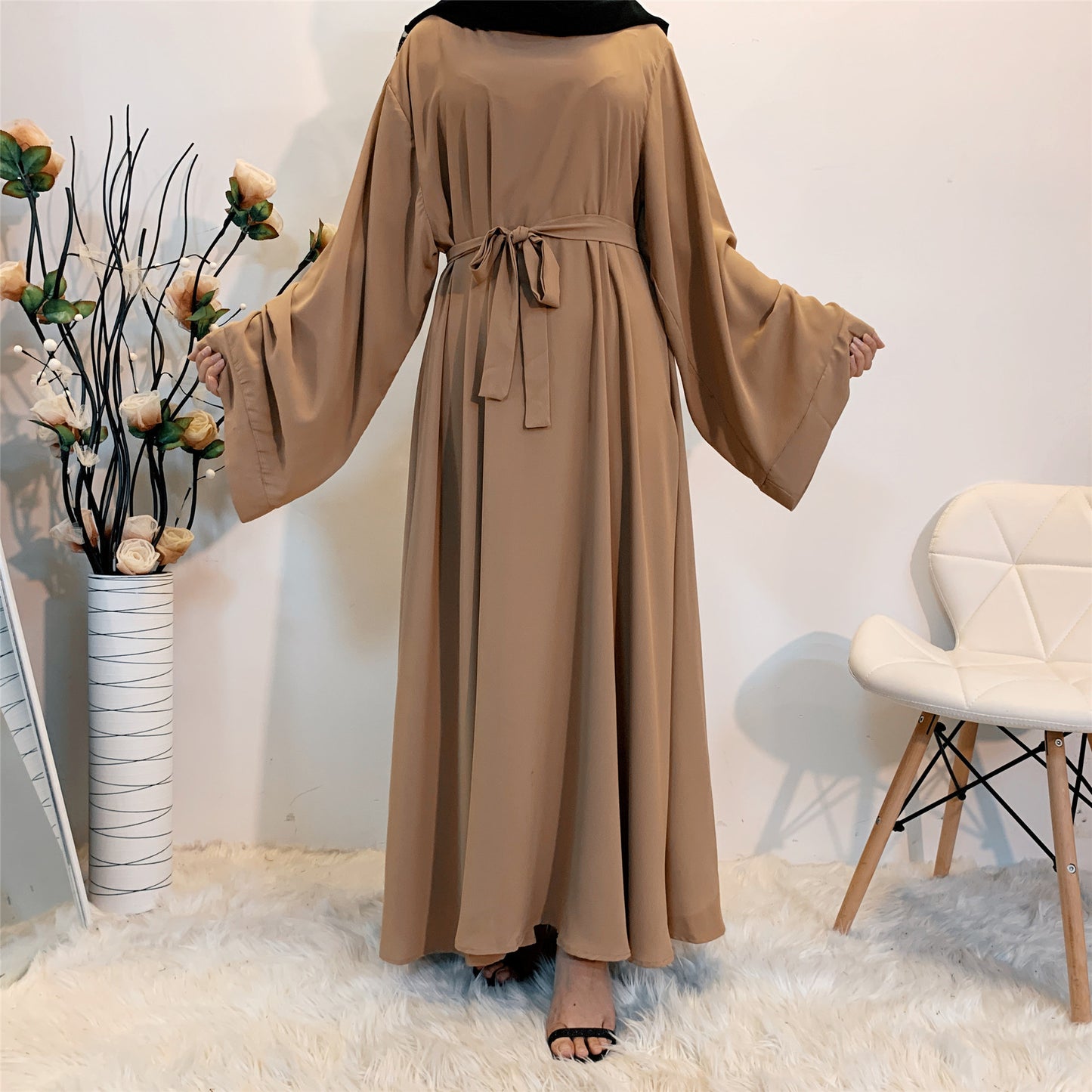 Solid Color Lace Up Muslim Dress Clothing