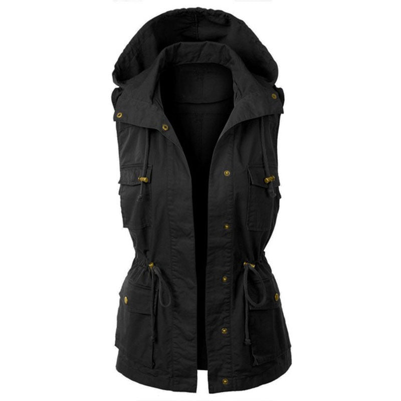 Women's Solid Color Work Hooded Drawstring Sleeveless Vests