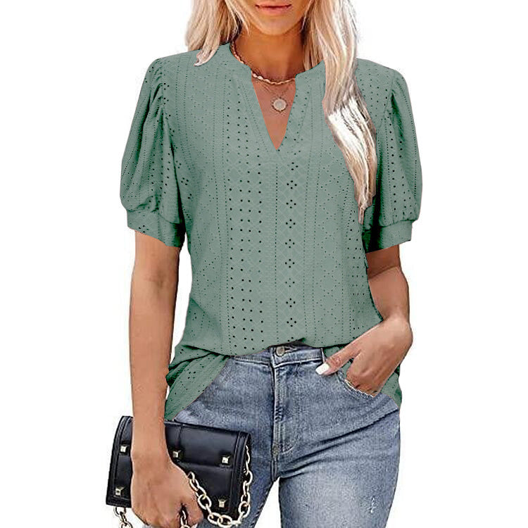 Casual Solid Color Hollow Puff Sleeve Blouses