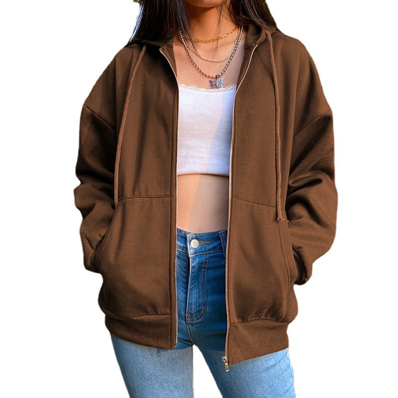 Women's Solid Color Hooded Fleece-lined Long-sleeved Loose Sweaters