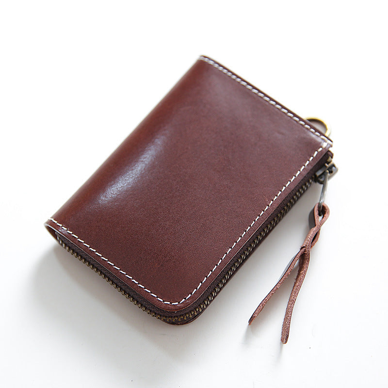 Men's First Layer Cowhide Leather Short Zipper Vertical Driving Card Holder