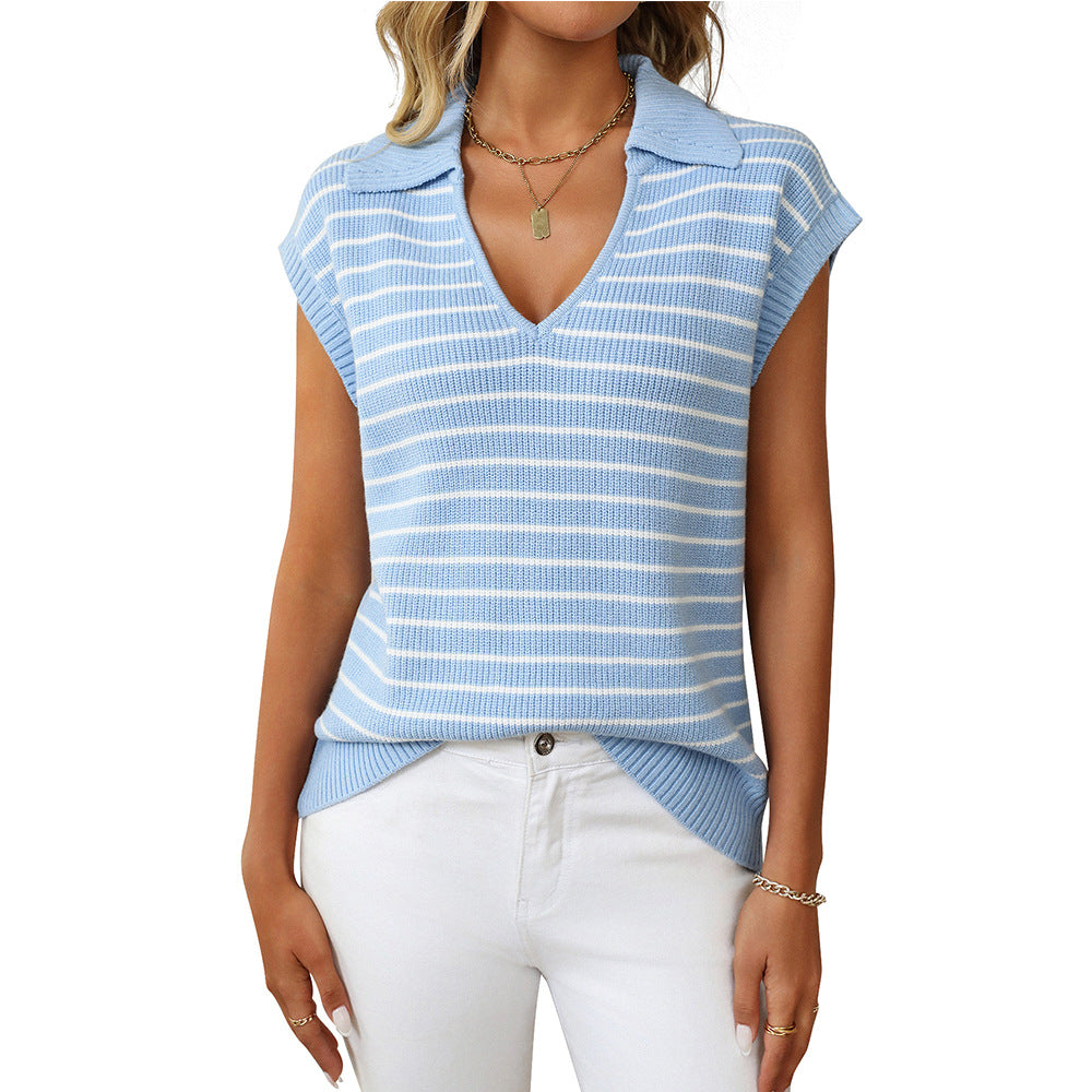Women's Summer Knitted Casual Striped Lapel Sweaters