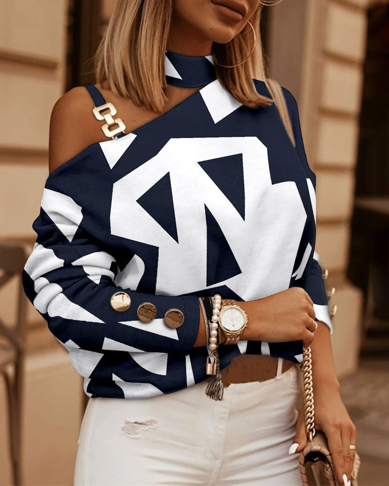 Women's Long-sleeved Chain On Neck Printed Fastener Tops