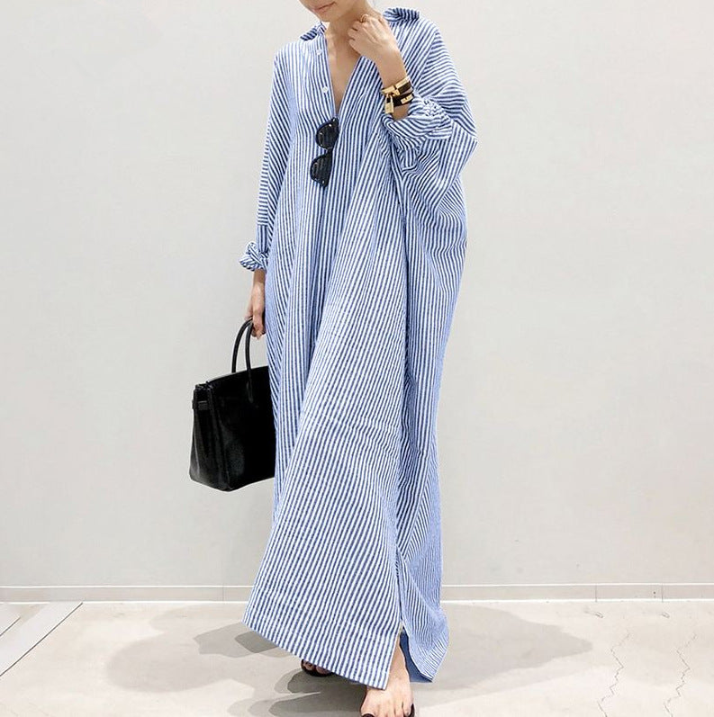 Cotton Linen Stripes Loose Temperament Commuting Dresses