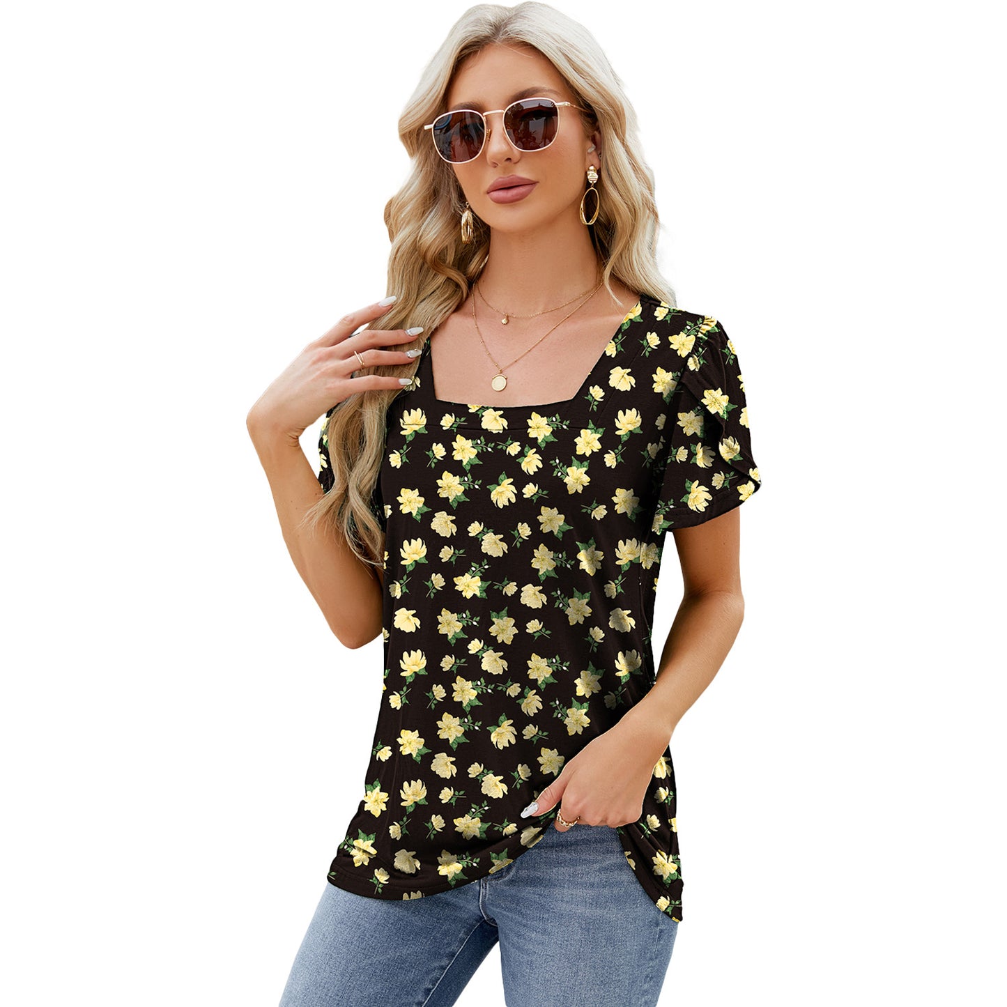 Fashion Simple Square Collar Petal Sleeve Blouses