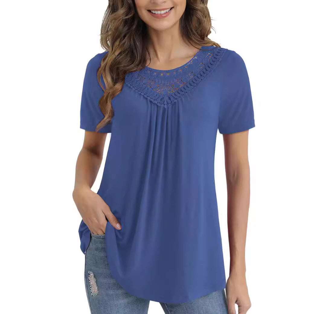 Women's Summer Sleeve Lace Pleated Shirt Waist Blouses