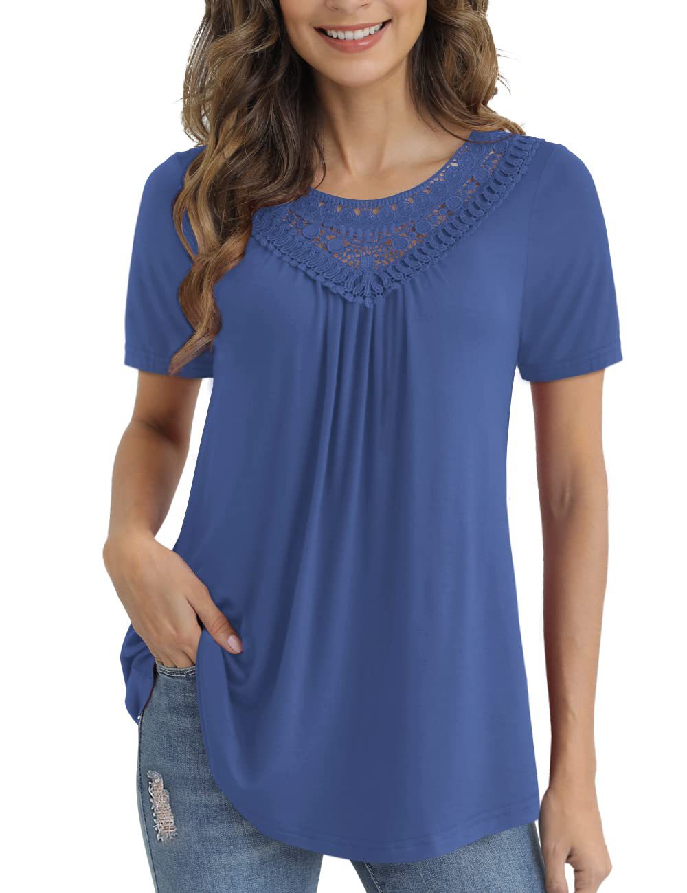 Women's Summer Sleeve Lace Pleated Shirt Waist Blouses