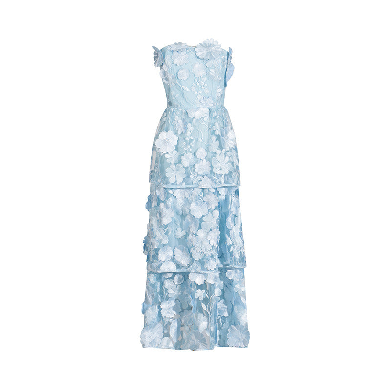 Women's Tube Three-dimensional Stitching Flower Design Ruffled Long Dresses