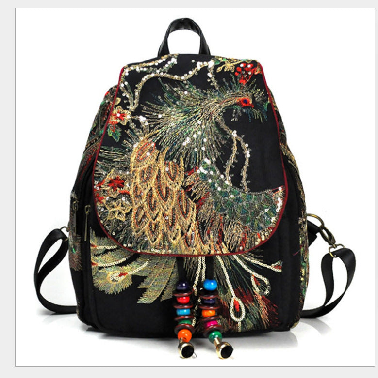 Women's Sequined Peacock Ethnic Style Embroidered Canvas Backpacks