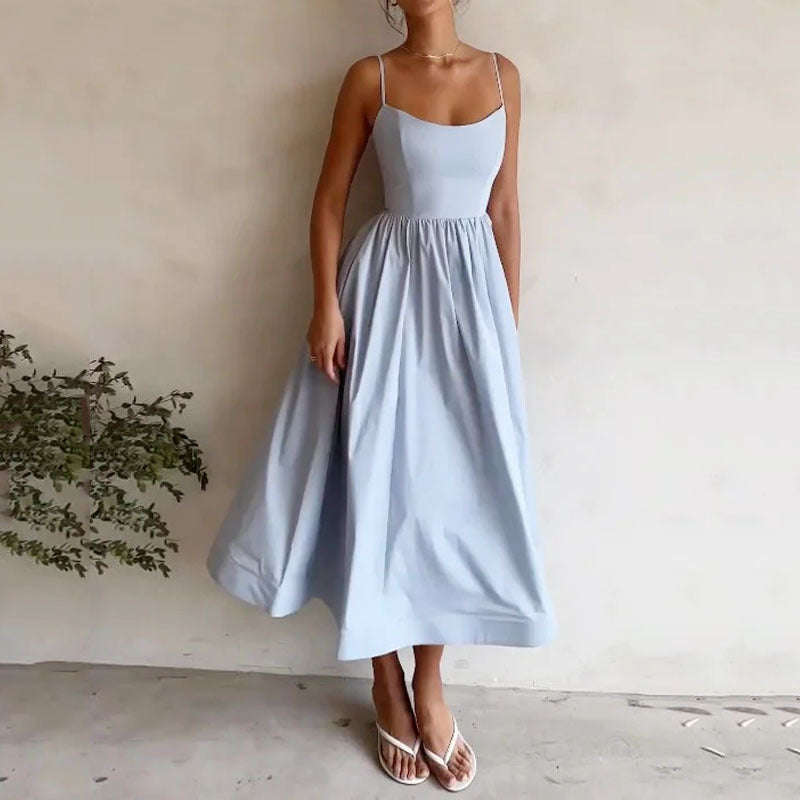 Women's Color Sexy Collar Fitted Waist Pleated Dresses