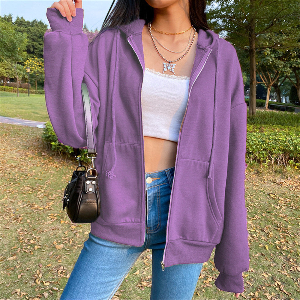 Women's Solid Color Hooded Fleece-lined Long-sleeved Loose Sweaters
