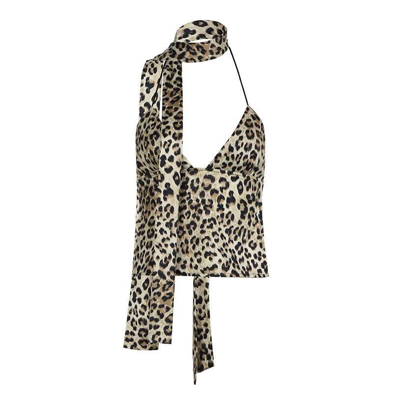 Hot Sexy Leopard Print Scarf Ruffled Spaghetti Tops