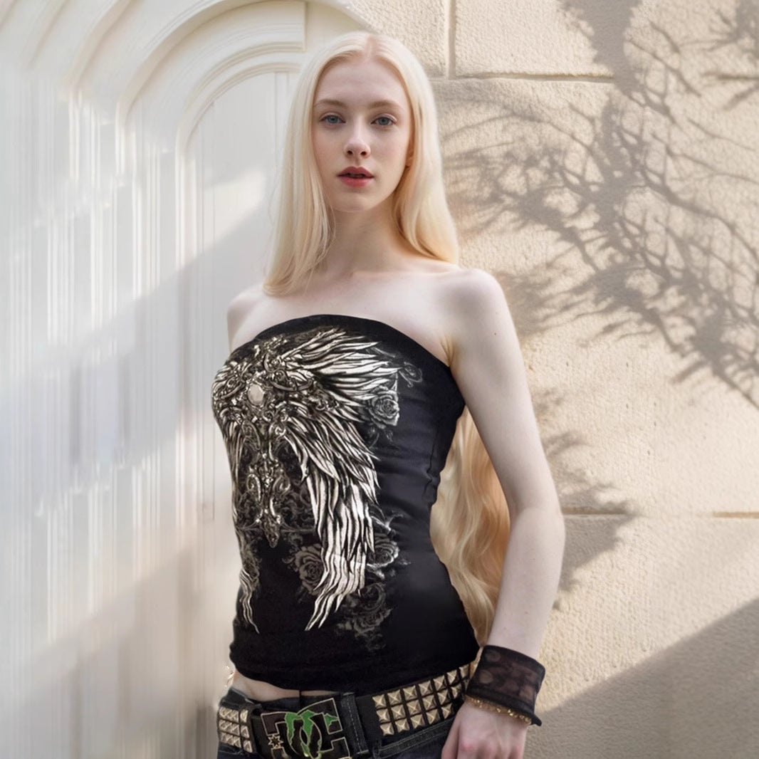 Women's Asian Culture Dark Retro Wings Printing Tube Tops