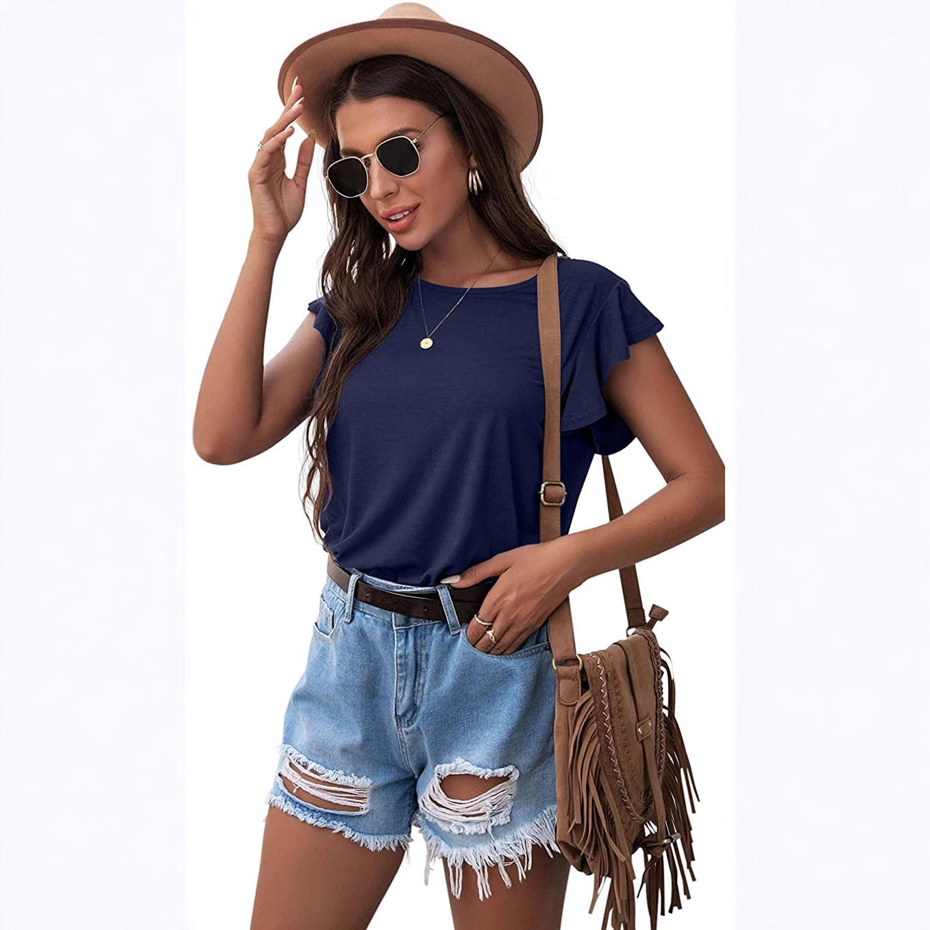 Women's Round Neck Ruffled Sleeve T-shirt Blouses