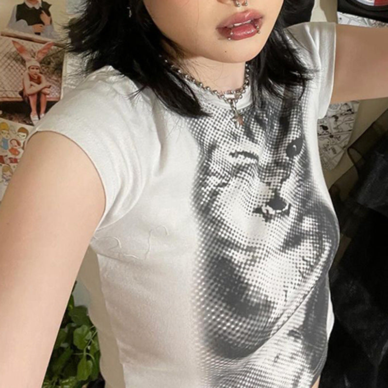 Women's Style Cat Printing Short-sleeved T-shirt Round Tops