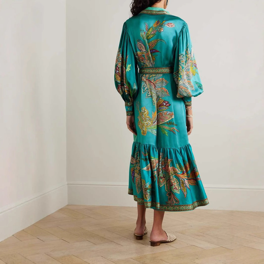Holiday Lapel Single Placket Lantern Sleeve Dresses