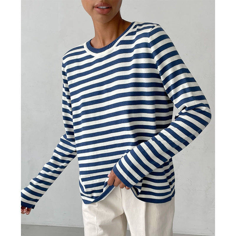 Women's Round Neck Knitted Striped Spring Versatile Sweaters