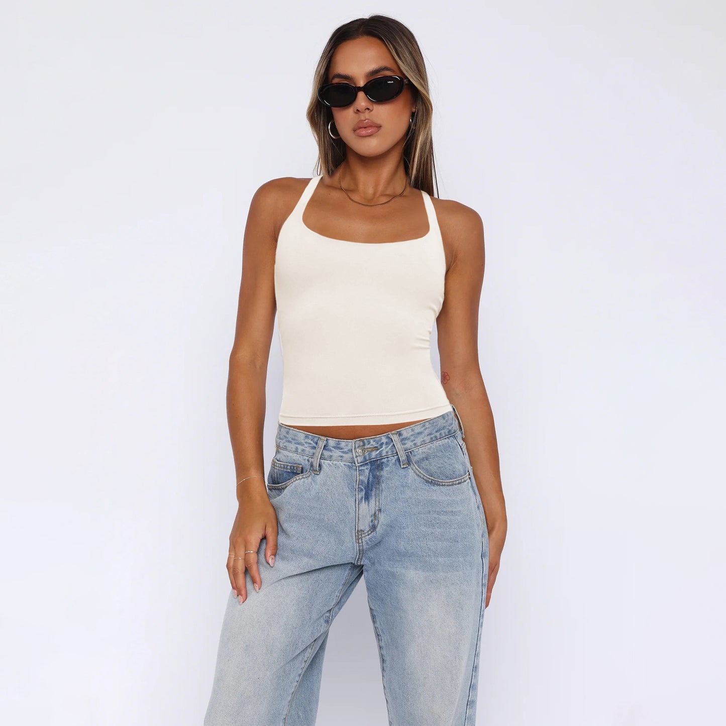 Fashion Sleeveless Solid Color Bare Back Tops