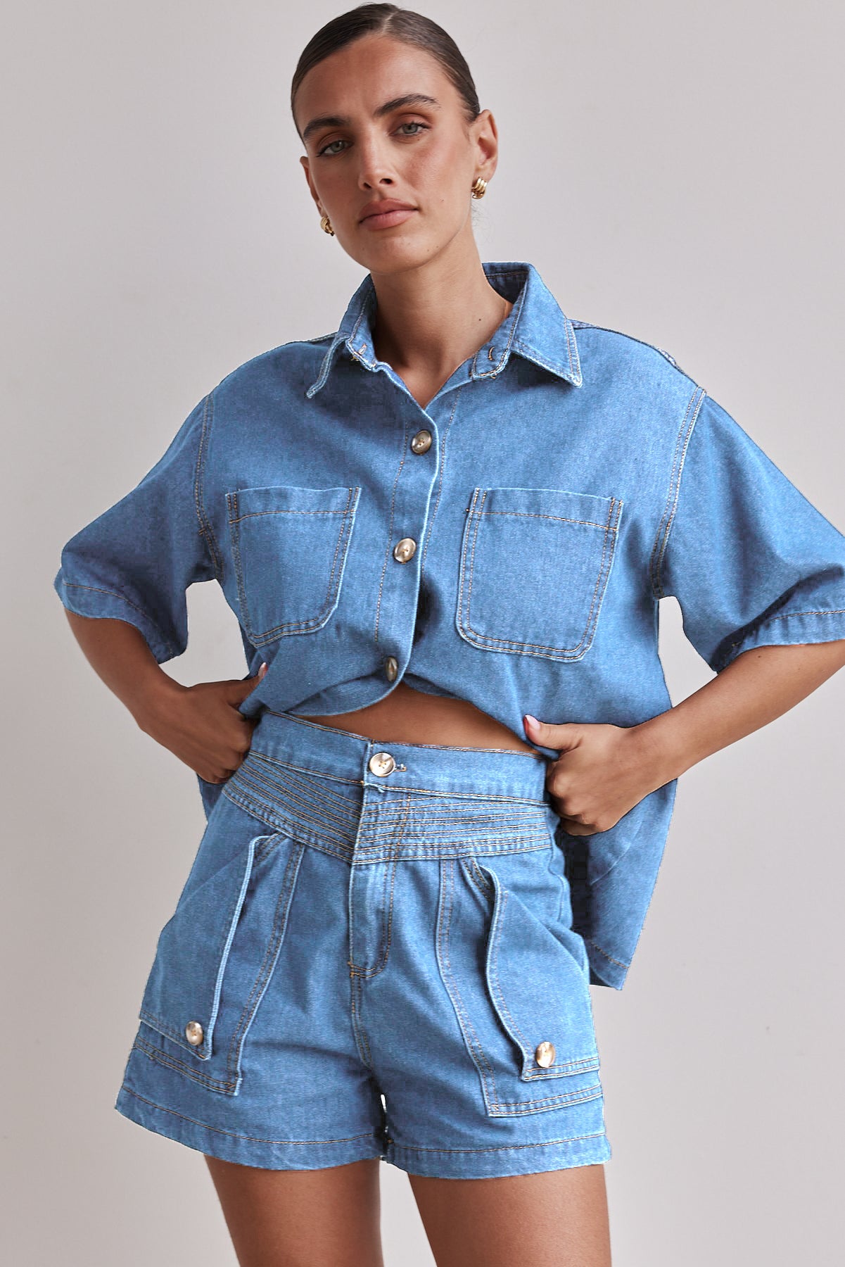 Women's Summer Casual Retro Loose Shirt Denim Suits