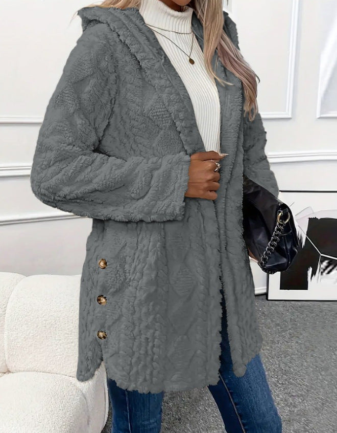 Hooded Solid Color Button Long Sleeve Sweaters