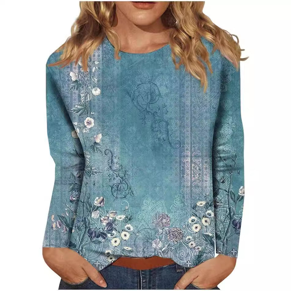 Women's Round Neck Long Sleeve Loose Print Blouses