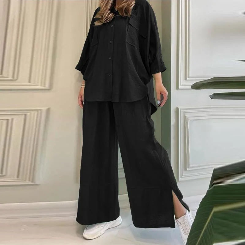 Women's Solid Color Cotton Linen Shirt Long Suits