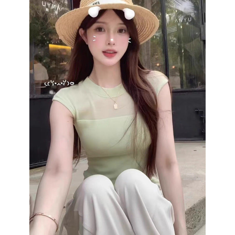 Women's Style Mesh Patchwork Round Neck Sleeveless Summer Knitwear